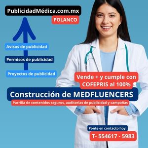 Doctora sonriendo en anuncio de https://www.PublicidadMedica.com.mx en Polanco. Servicios de construcción de Medfluencers, trámites de avisos y permisos de publicidad para cumplir con COFEPRIS.