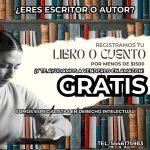 Mujer escribiendo en una libreta con un librero de fondo. Anuncio de especialistas en derecho intelectual que ofrecen registrar libros o cuentos por menos de 1500 pesos y ayuda gratis para venderlos en Amazon.