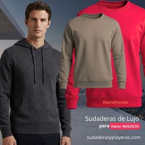 Promocional de venta de sudaderas de lujo para hacer negocio en polanco. Muestra a un modelo vistiendo una hoodie gris oscura, con muestras de sudaderas cuello redondo marca Discrethoodie en color beige y rojo.