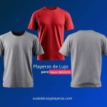 Muestra de tres playeras de manga corta (una roja y dos grises) sobre fondo azul. Anuncio de venta de playeras de lujo para hacer negocio en polanco.