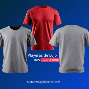 Muestra de tres playeras de manga corta (una roja y dos grises) sobre fondo azul. Anuncio de venta de playeras de lujo para hacer negocio en polanco.