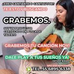 Mujer joven componiendo con una guitarra acústica. Anuncio de productor musical certificado que busca cantantes y cantautores para grabar canciones desde 3000 pesos.